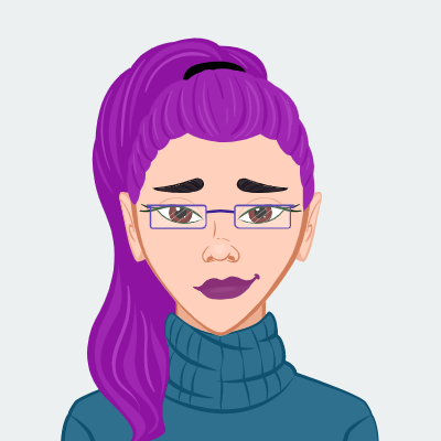 Girl with purple hair and a blue turtleneck.
